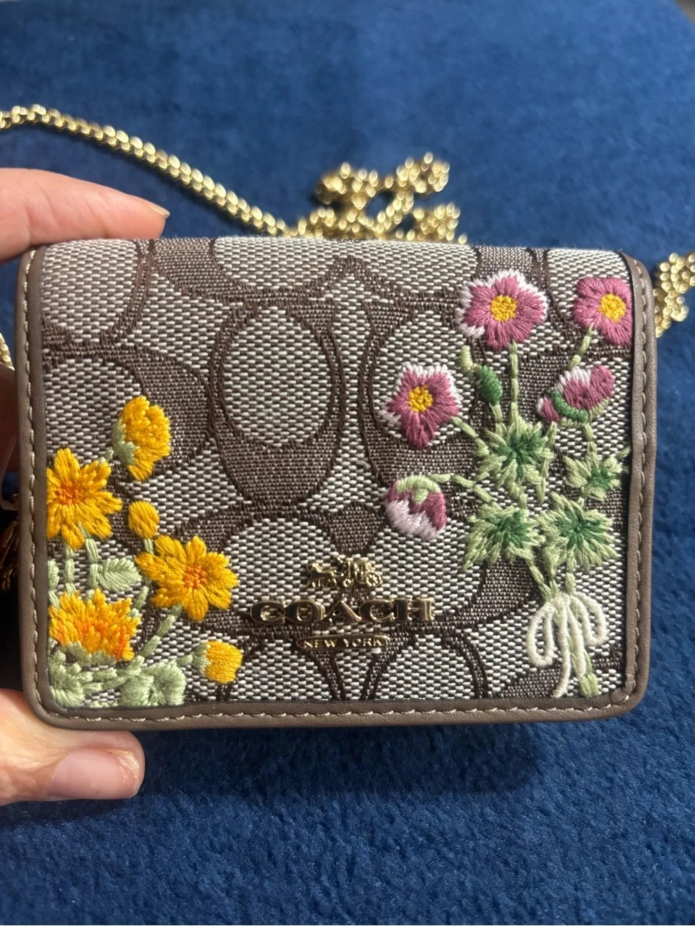 Coach Mini Wallet On A Chain In Signature Jacquard With Floral Embroidery CEF60